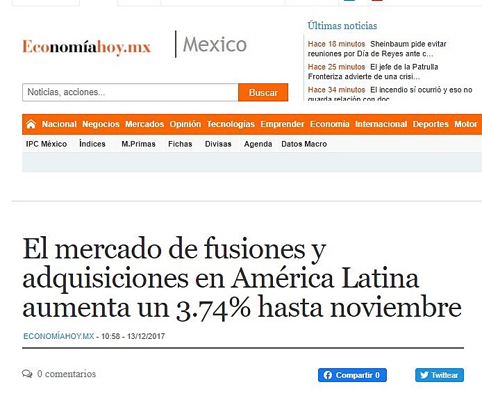 El mercado de fusiones y adquisiciones en Amrica Latina aumenta un 3.74% hasta noviembre